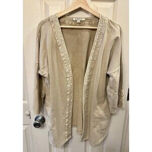 Solitaire Cardigan Open Front 100% Cotton Embroidered Boho Light Brown Sz Medium
